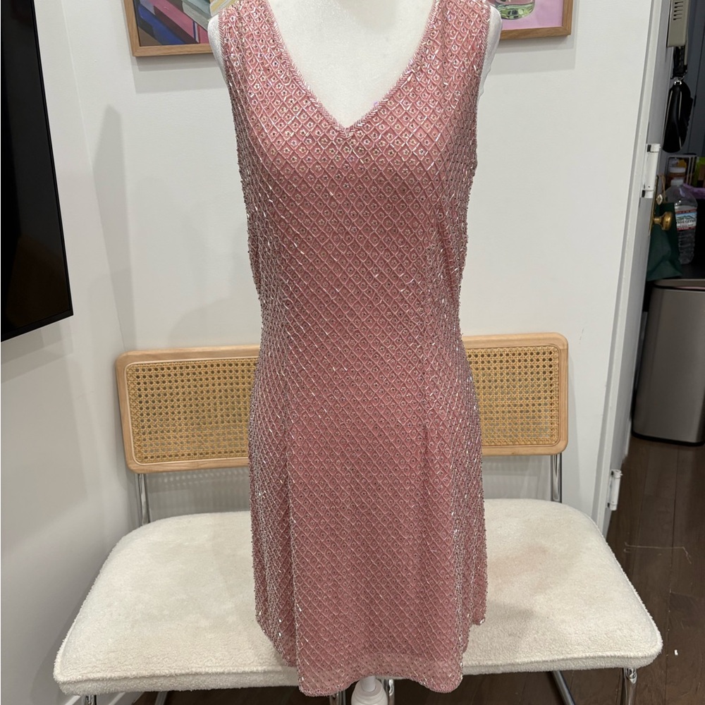 Vintage pink beaded knee length shift dress!